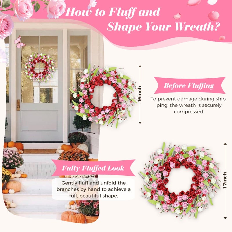 PILAVIN Valentines Day Wreath Decor, 18 inch Artificial Rose with Heart Green Leaf, Valentines Wreaths for Front Door Wedding Anniversary Party Valentineâ€™s Day Door Wreath Decorations (Rose) - Image 5