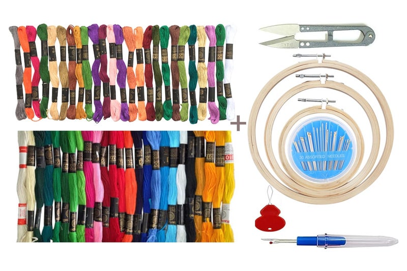 TE Embroidery Kit with Wooden Hoop Ring 6,7,8 Inches, 50 Multicolor Threads, 30 Needles, 1 Seam Ripper, 1 Threader and 1 Thread Cutter for Cross Stitch (Emb. kit 1st & 5th aati) - Image 1