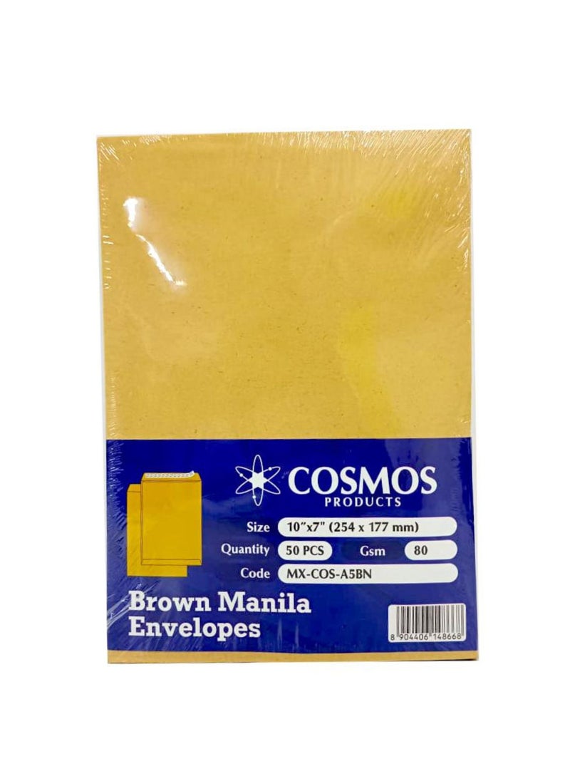 COSMOS - A5 Plain Brown Envelopes 80 GMS (10″x7″) Peel & Seal ,(Pack of 50 Pieces) - Image 1