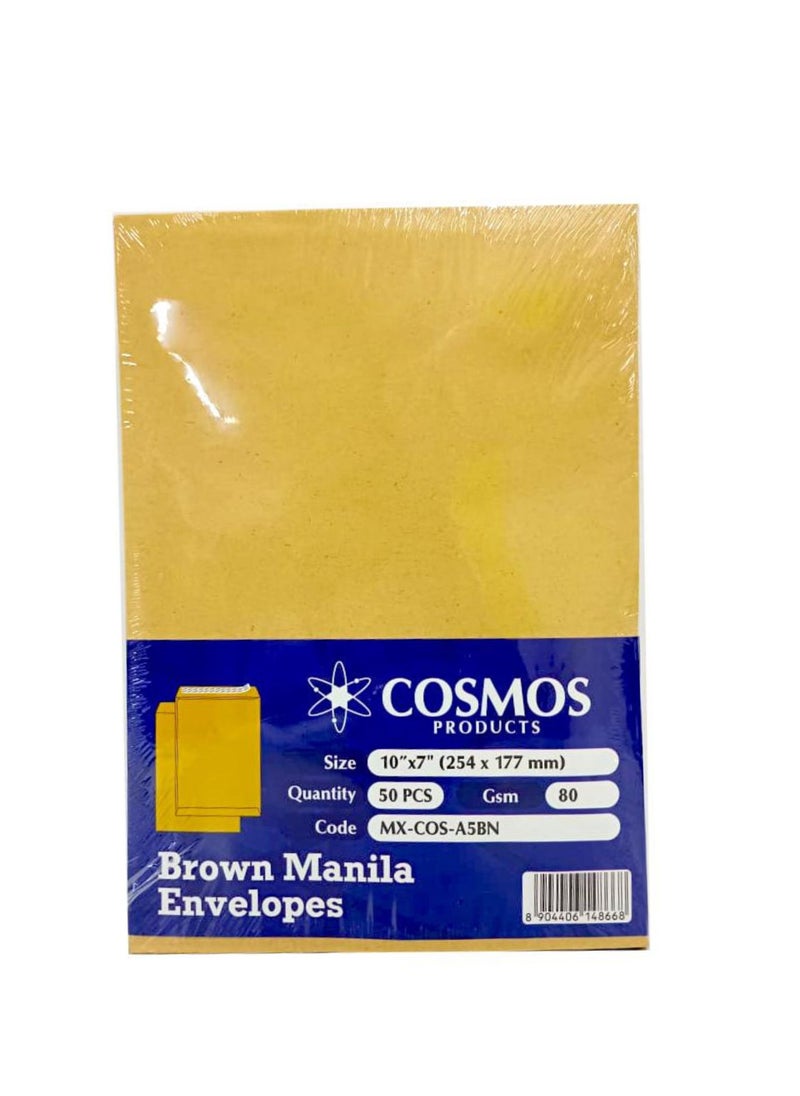 COSMOS - A5 Plain Brown Envelopes 80 GMS (10″x7″) Peel & Seal ,(Pack of 50 Pieces) - Image 1