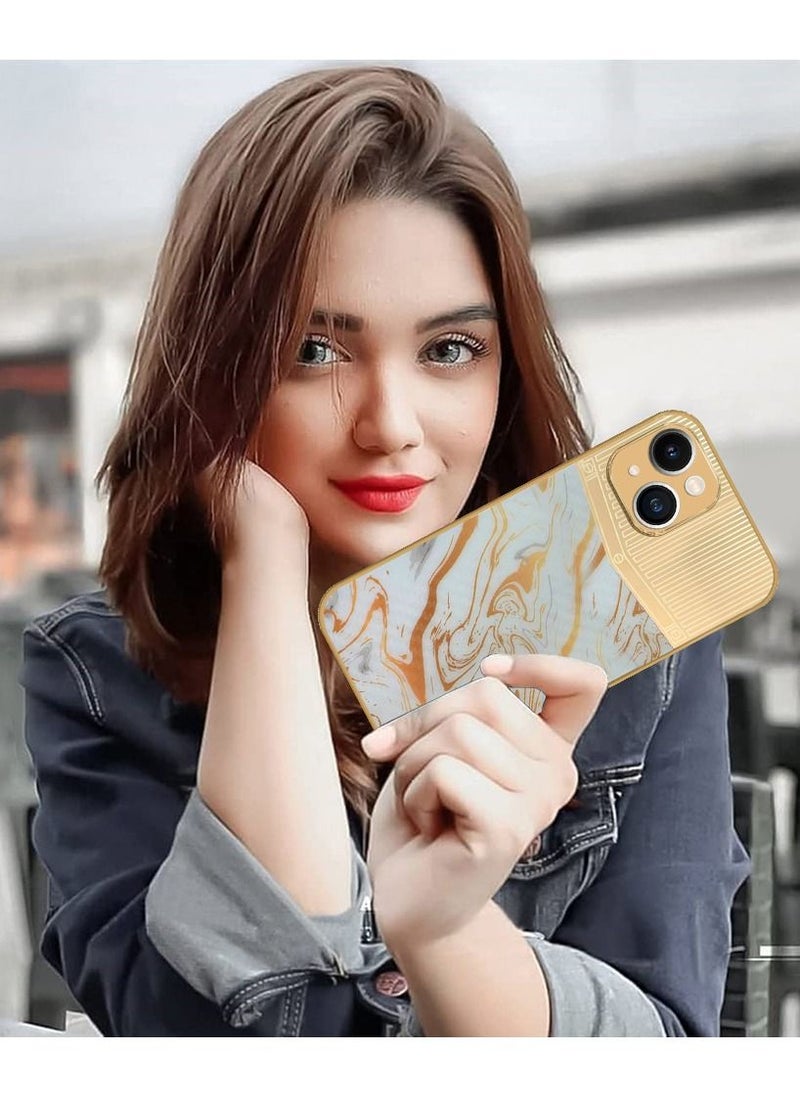 JOWAY iPhone 13 Luxury Gold Plated Case Hybrid Electroplated Frame Back Cover with Carbon Fiber Texture Marble Pattern White/Gold  - Image 4