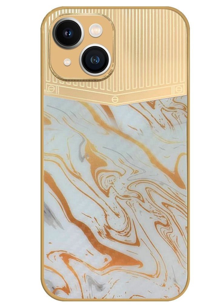 JOWAY iPhone 13 Luxury Gold Plated Case Hybrid Electroplated Frame Back Cover with Carbon Fiber Texture Marble Pattern White/Gold  - Image 1
