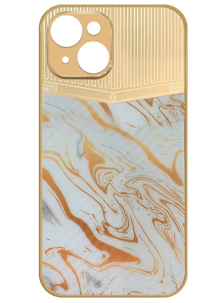 JOWAY iPhone 13 Luxury Gold Plated Case Hybrid Electroplated Frame Back Cover with Carbon Fiber Texture Marble Pattern White/Gold  - Image 2