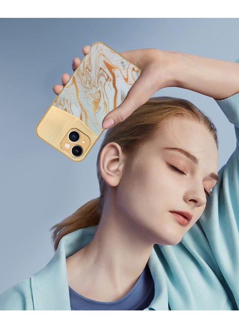 JOWAY iPhone 13 Luxury Gold Plated Case Hybrid Electroplated Frame Back Cover with Carbon Fiber Texture Marble Pattern White/Gold  - Image 3