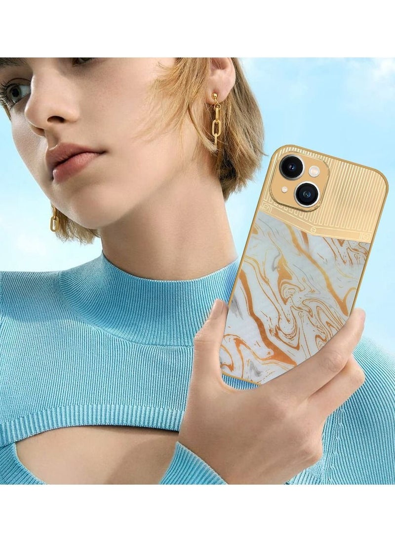 JOWAY iPhone 13 Luxury Gold Plated Case Hybrid Electroplated Frame Back Cover with Carbon Fiber Texture Marble Pattern White/Gold  - Image 5