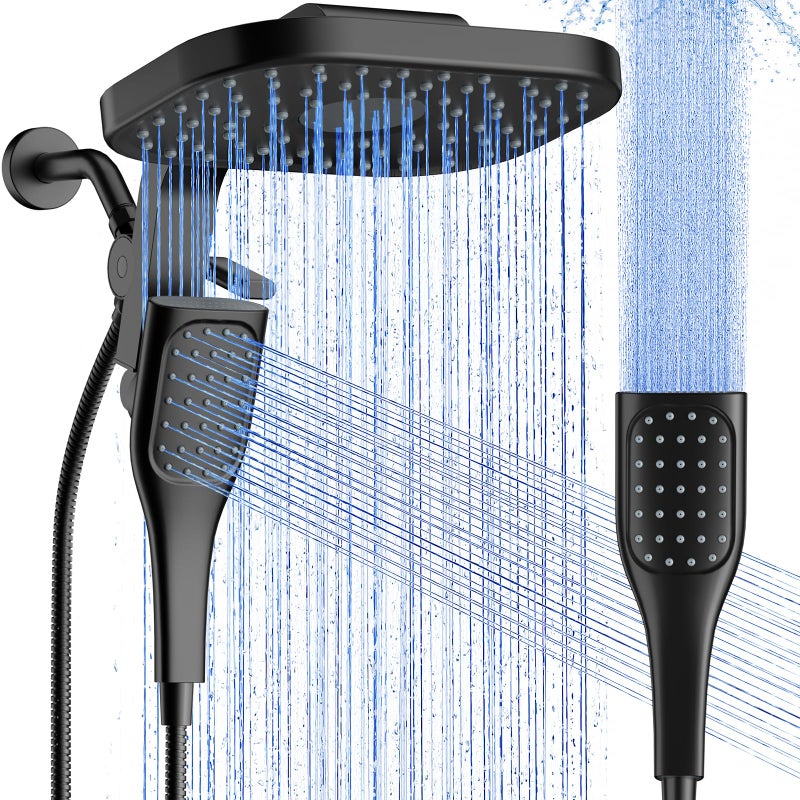 Veken Rain Shower Head with Handheld. High Pressure Multi-Function Rainfall Showerhead Combo with Handheld Spray with Hose, Detachable Dual Shower Heads Built-in Magnetic Docking and Power Jets, Black - Image 1
