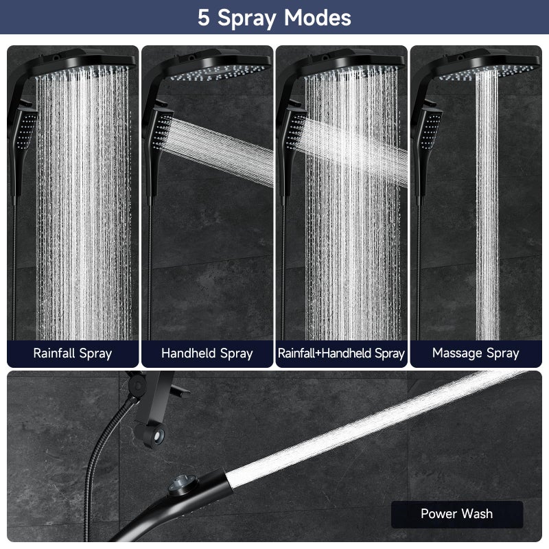 Veken Rain Shower Head with Handheld. High Pressure Multi-Function Rainfall Showerhead Combo with Handheld Spray with Hose, Detachable Dual Shower Heads Built-in Magnetic Docking and Power Jets, Black - Image 3