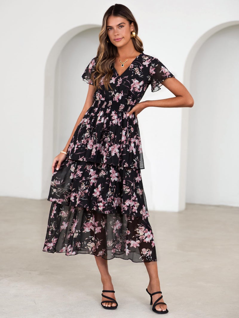 Simplee Women Floral Summer Maxi Dress Boho Flowy Ruffle Tiered Short Sleeves V Neck Long Wedding Guest Dresses Black Pink Floral L - Image 5