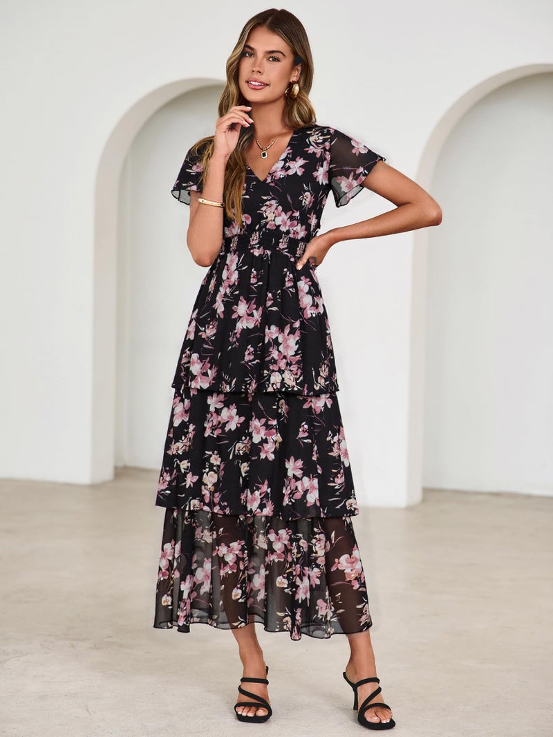 Simplee Women Floral Summer Maxi Dress Boho Flowy Ruffle Tiered Short Sleeves V Neck Long Wedding Guest Dresses Black Pink Floral L - Image 2