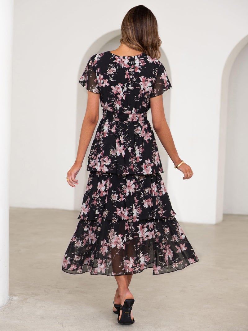 Simplee Women Floral Summer Maxi Dress Boho Flowy Ruffle Tiered Short Sleeves V Neck Long Wedding Guest Dresses Black Pink Floral L - Image 4