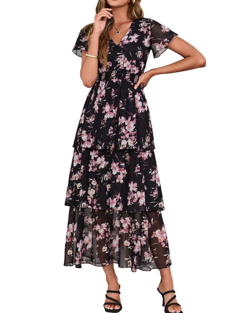 Simplee Women Floral Summer Maxi Dress Boho Flowy Ruffle Tiered Short Sleeves V Neck Long Wedding Guest Dresses Black Pink Floral L - Image 1