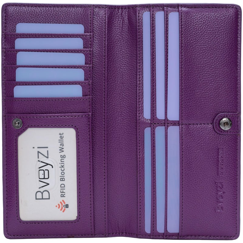Bveyzi Ultra Slim Thin Leather RFID Blocking Credit Card Holder Bifold Clutch Wallets for Women (Purple) - Image 1