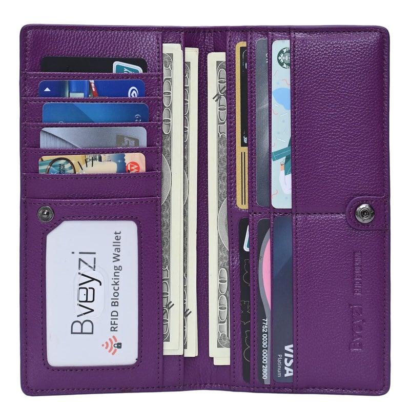 Bveyzi Ultra Slim Thin Leather RFID Blocking Credit Card Holder Bifold Clutch Wallets for Women (Purple) - Image 2