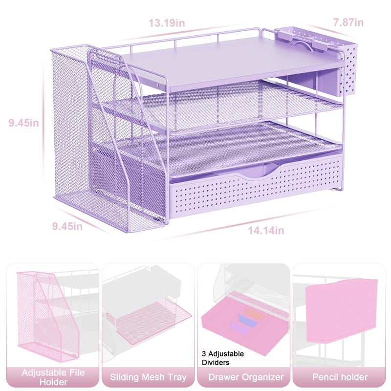 gianotter Wood Desk Organizers and Accessories with File Holder, 4-Tier Desk Accessories & Workspace Organizers with Drawer and Pen Holder, Paper Organizer for Office Supplies (Purple) - Image 4