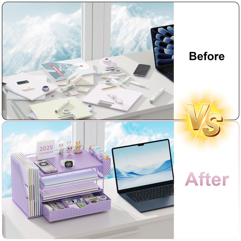 gianotter Wood Desk Organizers and Accessories with File Holder, 4-Tier Desk Accessories & Workspace Organizers with Drawer and Pen Holder, Paper Organizer for Office Supplies (Purple) - Image 2