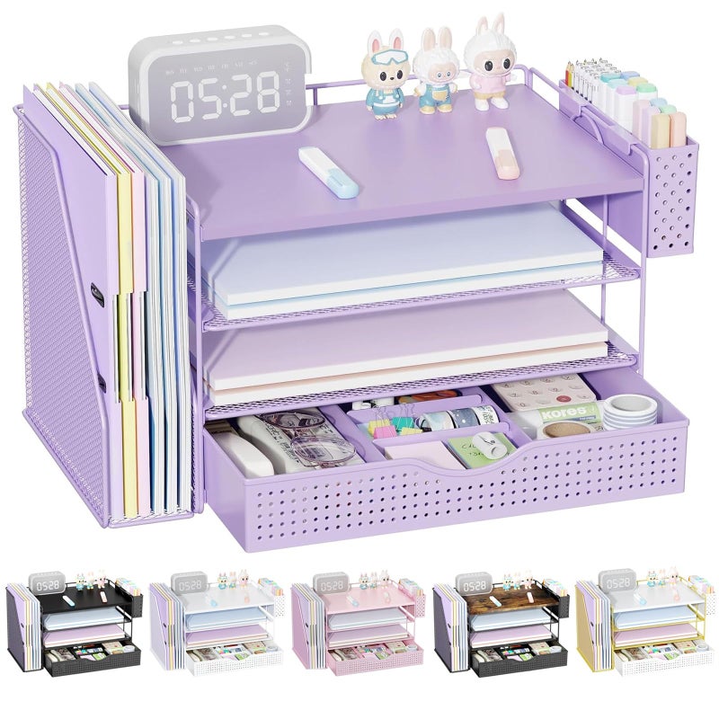 gianotter Wood Desk Organizers and Accessories with File Holder, 4-Tier Desk Accessories & Workspace Organizers with Drawer and Pen Holder, Paper Organizer for Office Supplies (Purple) - Image 1