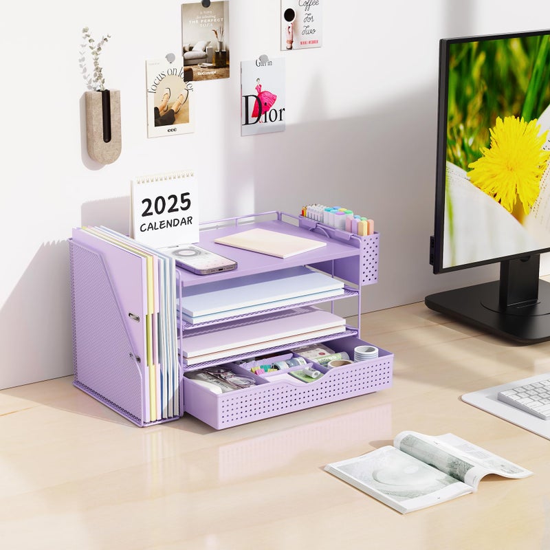 gianotter Wood Desk Organizers and Accessories with File Holder, 4-Tier Desk Accessories & Workspace Organizers with Drawer and Pen Holder, Paper Organizer for Office Supplies (Purple) - Image 3