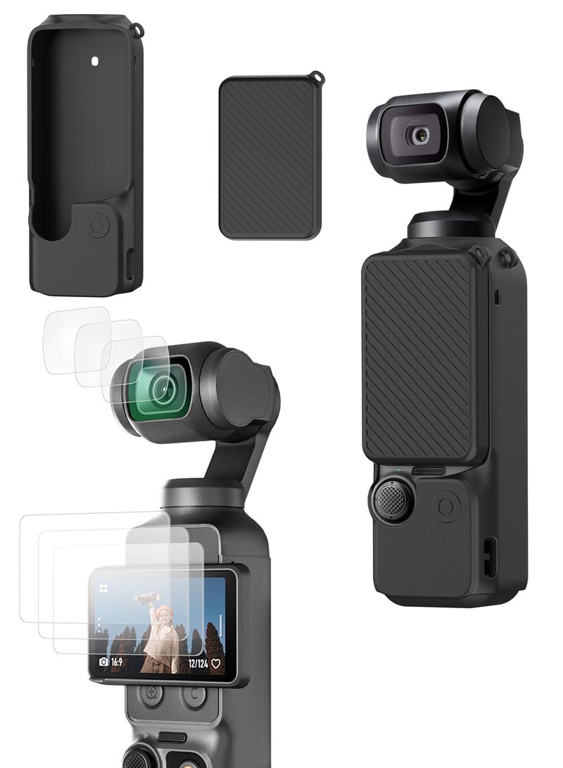 SJet DJI OSMO Pocket 4 Accessory Kit, Silicone Protective Case Cover, Tempered Glass Screen Protector, Lens Protector (Black) - Image 1