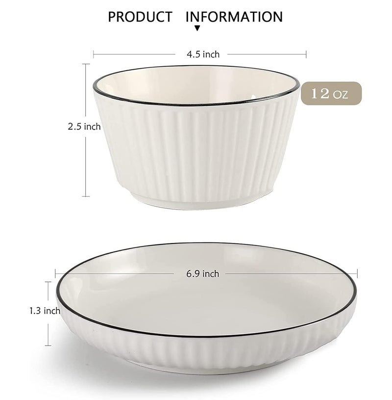 FS COOL Porcelain Striped 8Piece Plates And Bowls SetsRound Shape With Black LineVertical PatternLarge Bowl For Ice CreamSoupAnd Deep Dish For SnackCakePasta 4 Bowl 4 DishDinner Set - Image 2