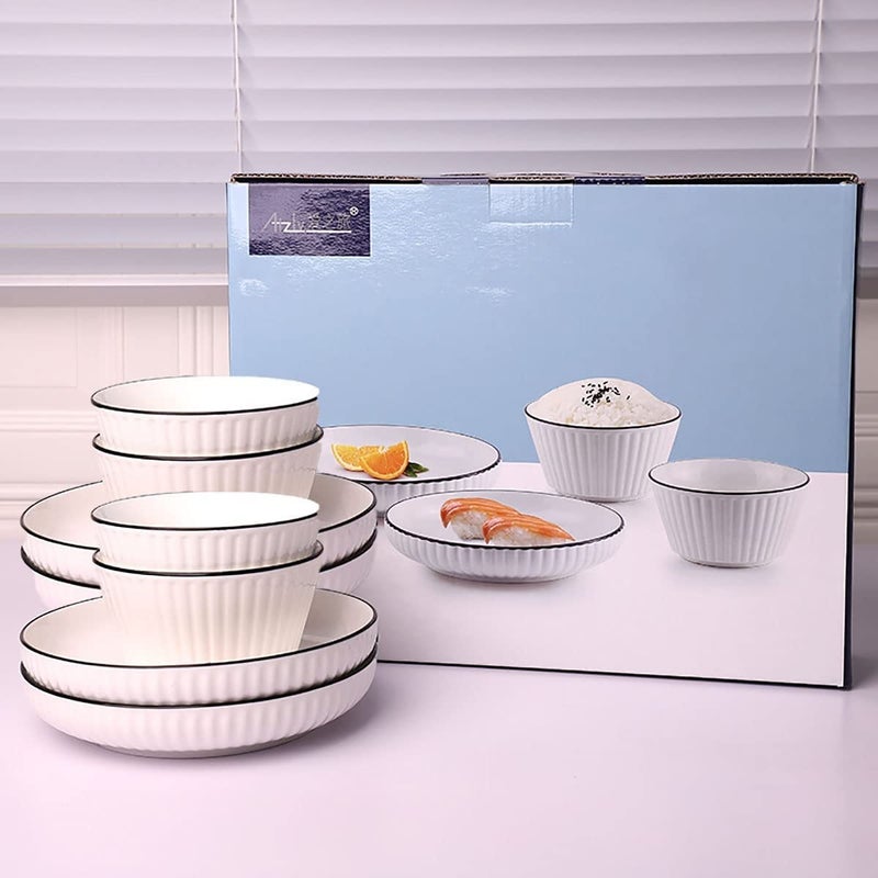 FS COOL Porcelain Striped 8Piece Plates And Bowls SetsRound Shape With Black LineVertical PatternLarge Bowl For Ice CreamSoupAnd Deep Dish For SnackCakePasta 4 Bowl 4 DishDinner Set - Image 1