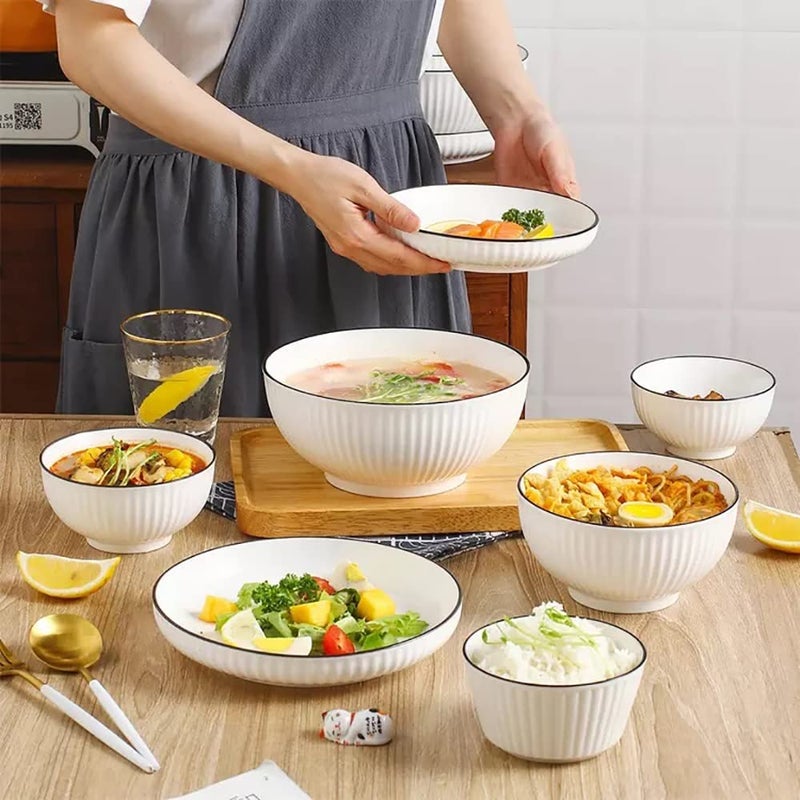 FS COOL Porcelain Striped 8Piece Plates And Bowls SetsRound Shape With Black LineVertical PatternLarge Bowl For Ice CreamSoupAnd Deep Dish For SnackCakePasta 4 Bowl 4 DishDinner Set - Image 5