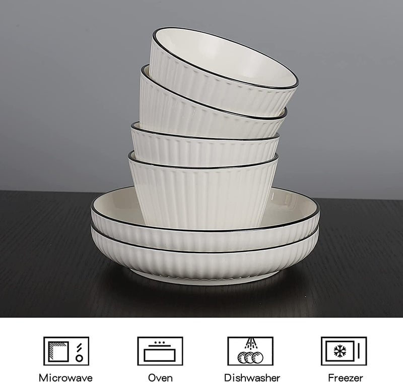 FS COOL Porcelain Striped 8Piece Plates And Bowls SetsRound Shape With Black LineVertical PatternLarge Bowl For Ice CreamSoupAnd Deep Dish For SnackCakePasta 4 Bowl 4 DishDinner Set - Image 4