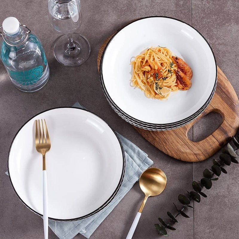 FS COOL Porcelain Striped 8Piece Plates And Bowls SetsRound Shape With Black LineVertical PatternLarge Bowl For Ice CreamSoupAnd Deep Dish For SnackCakePasta 4 Bowl 4 DishDinner Set - Image 3