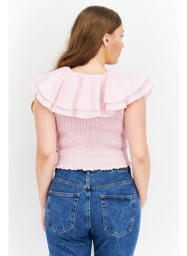 NA-KD Women V-Neck Cap Sleeve Plain Top, Pink  - Image 3