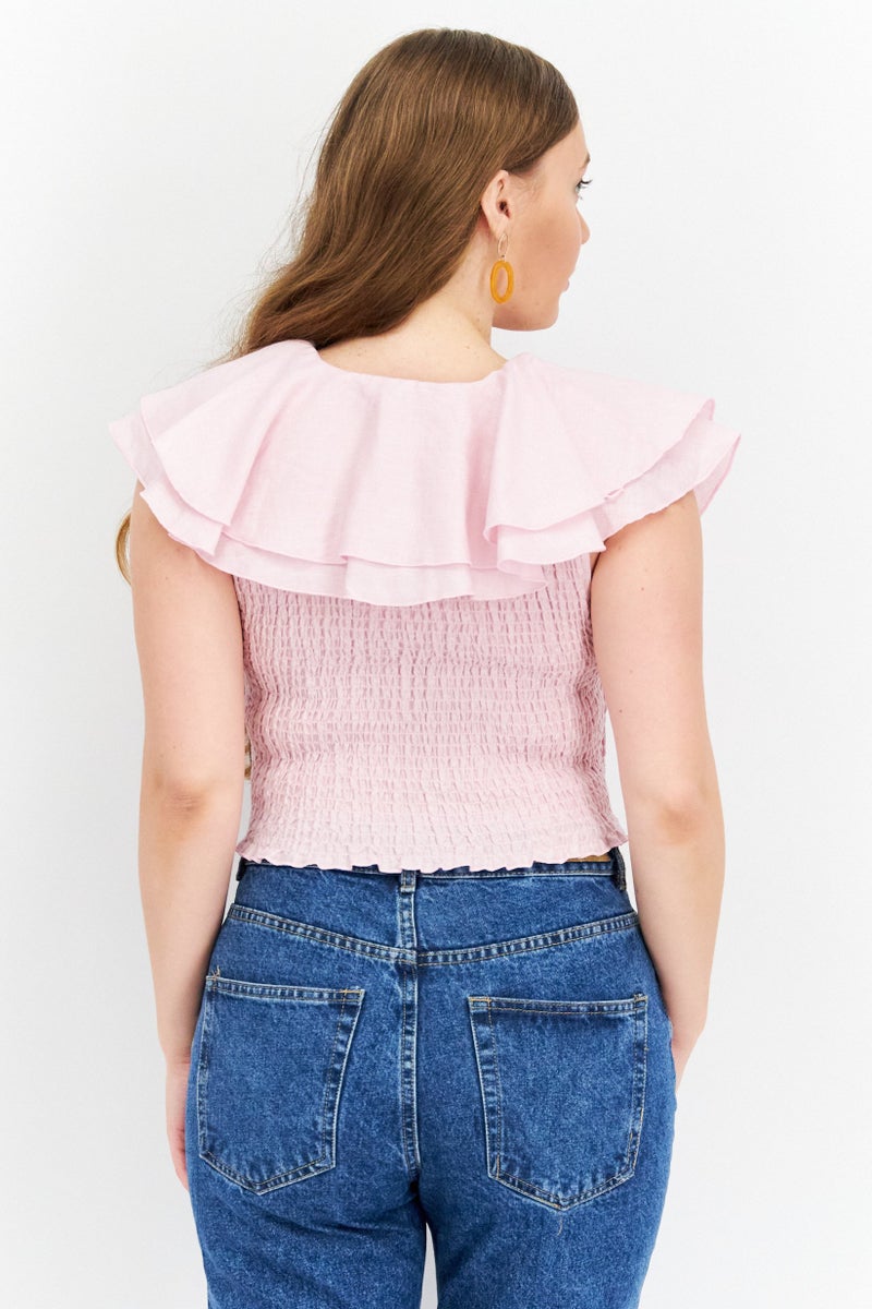 NA-KD Women V-Neck Cap Sleeve Plain Top, Pink - Image 3