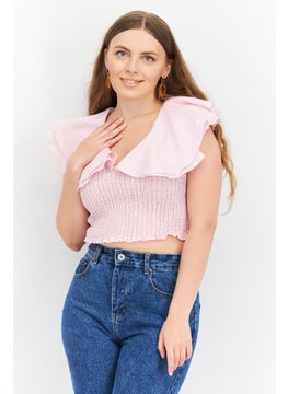 NA-KD Women V-Neck Cap Sleeve Plain Top, Pink  - Image 1