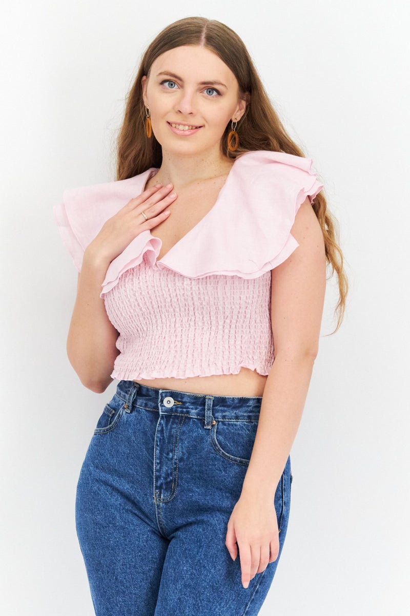 NA-KD Women V-Neck Cap Sleeve Plain Top, Pink - Image 1