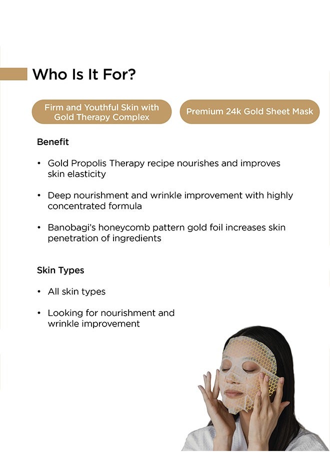 Banobagi Gold Therapy Propolis Korean Face Sheet Mask offers firming and youthful skincare with a powerful blend of 24K Gold Complex, Adenosine, Royal Jelly, and Propolis Extracts. This luxurious mask nourishes, revitalizes, and restores your skin's vitality. Comes in a convenient pack of 3  - Image 2