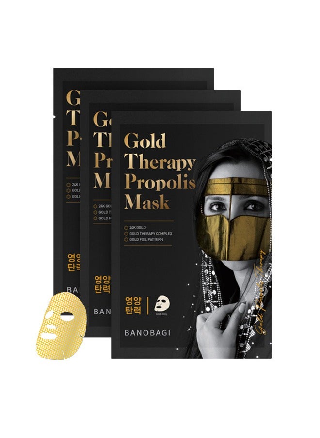 Banobagi Gold Therapy Propolis Korean Face Sheet Mask offers firming and youthful skincare with a powerful blend of 24K Gold Complex, Adenosine, Royal Jelly, and Propolis Extracts. This luxurious mask nourishes, revitalizes, and restores your skin's vitality. Comes in a convenient pack of 3  - Image 1