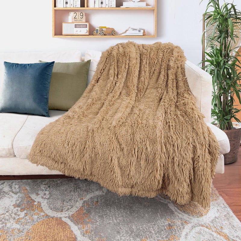 Tuddrom Decorative Extra Soft Faux Fur Blanket Queen Size 80"" x 90"" Solid Reversible Fuzzy Long Hair Shaggy Blanket Fluffy Cozy Plush Fleece Comfy Microfiber Fur Blanket for Couch Sofa Bed Camel - Image 2