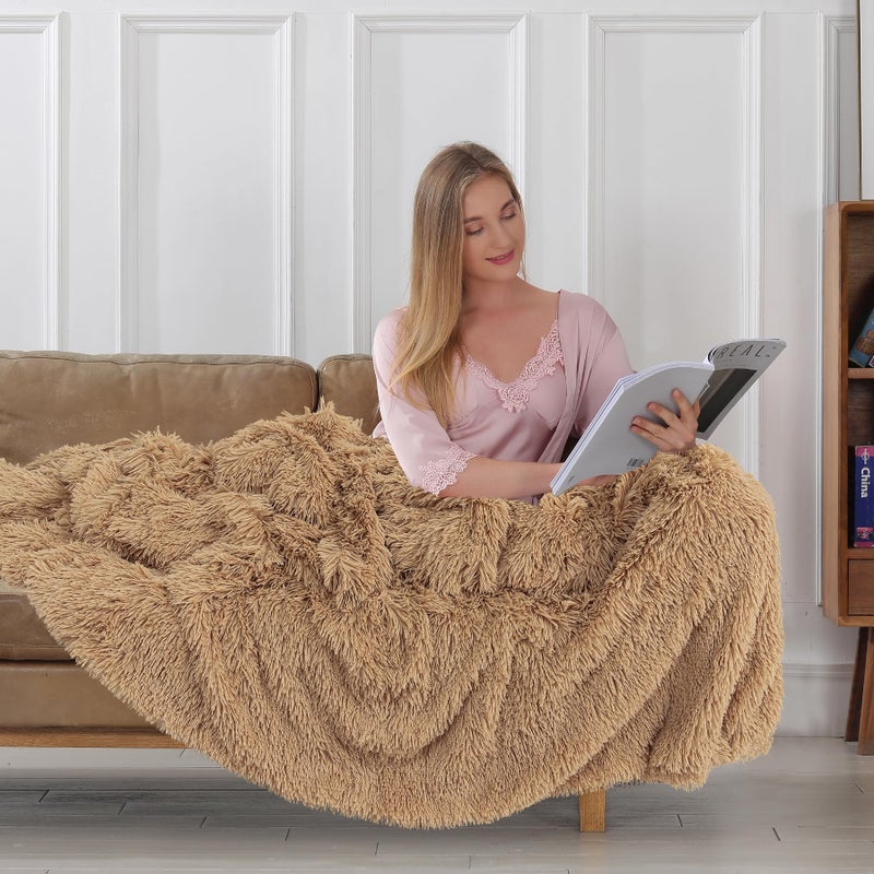 Tuddrom Decorative Extra Soft Faux Fur Blanket Queen Size 80"" x 90"" Solid Reversible Fuzzy Long Hair Shaggy Blanket Fluffy Cozy Plush Fleece Comfy Microfiber Fur Blanket for Couch Sofa Bed Camel - Image 4