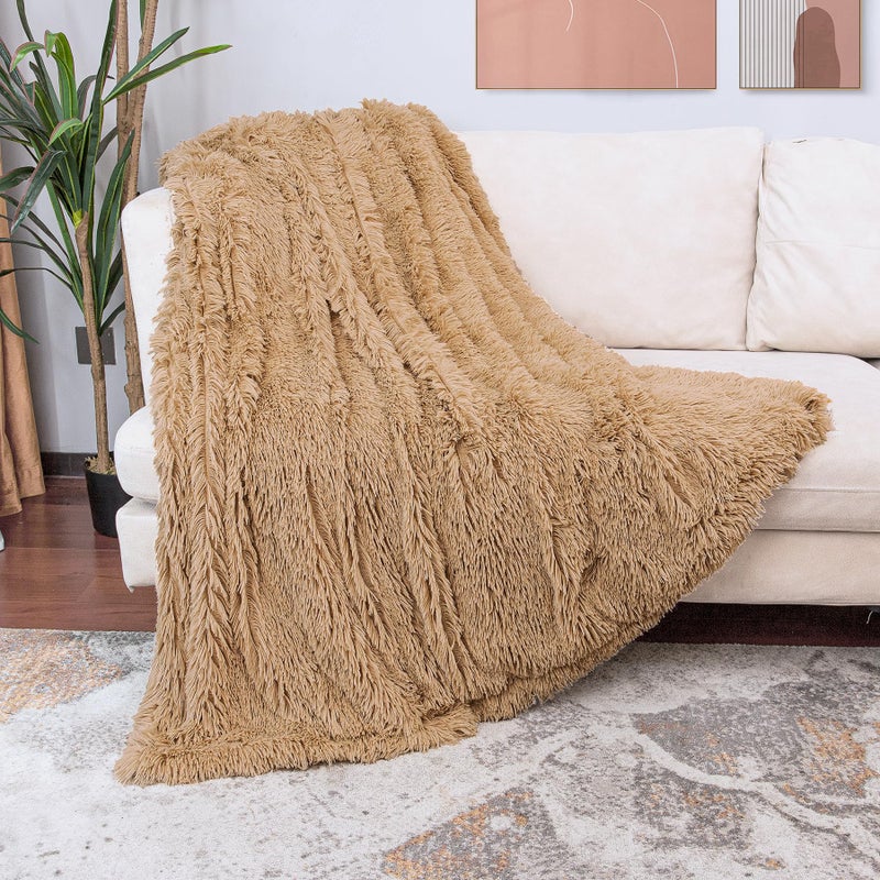 Tuddrom Decorative Extra Soft Faux Fur Blanket Queen Size 80"" x 90"" Solid Reversible Fuzzy Long Hair Shaggy Blanket Fluffy Cozy Plush Fleece Comfy Microfiber Fur Blanket for Couch Sofa Bed Camel - Image 3