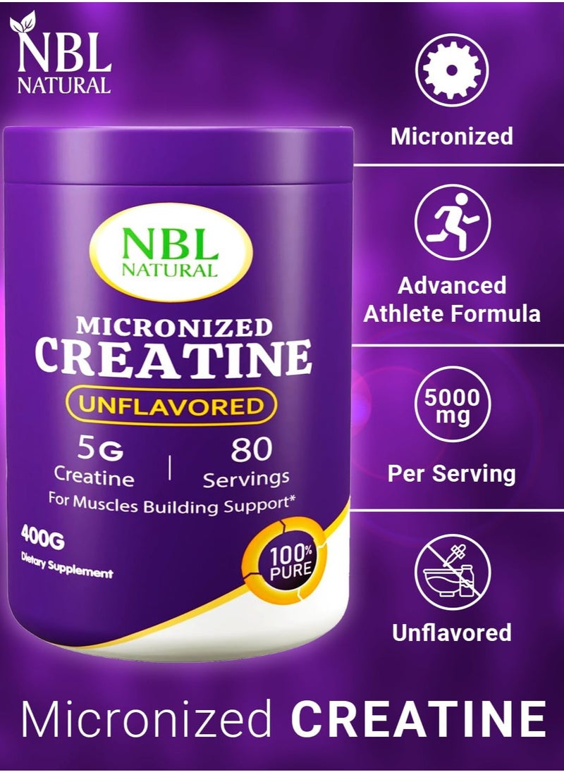NBL Natural - NBL Natural Creatine Monohydrate Powder, Unflavored 400g, Muscle Recovery + Builder for Men & Women | Workout Supplements, 80 Servings - Image 1