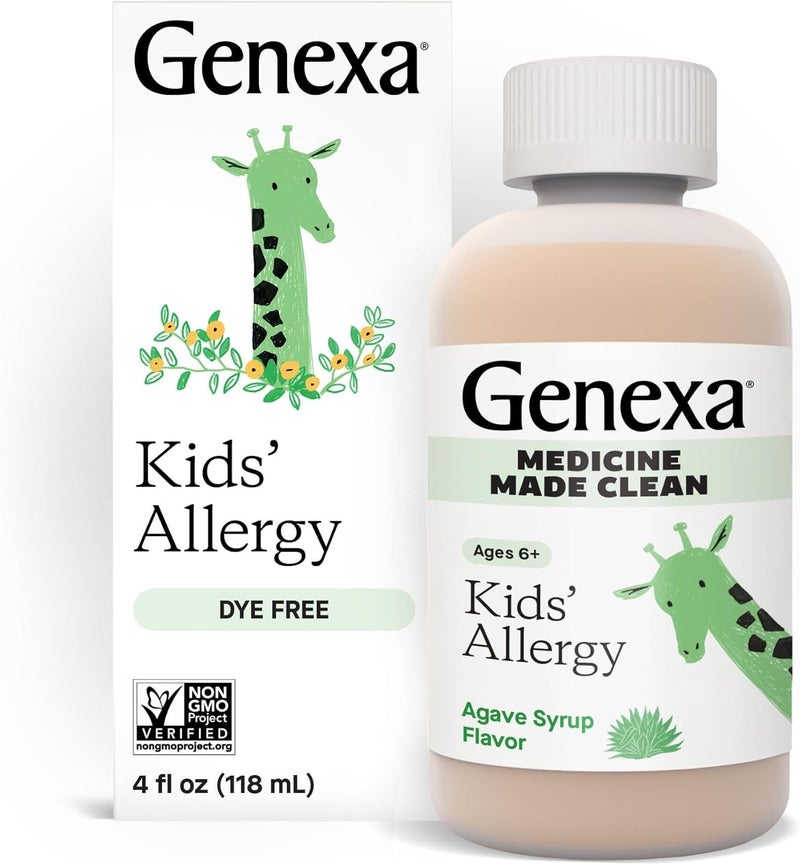 Genexa Kids Allergy Medicine  Clean Allergy Relief for Children  Treats Runny Nose Sneezing  Itching  Vegan  NonGMO  125mg Diphenhydramine HCl 4 fl oz  Organic Agave Syrup Flavor  Ages 6 - Image 1
