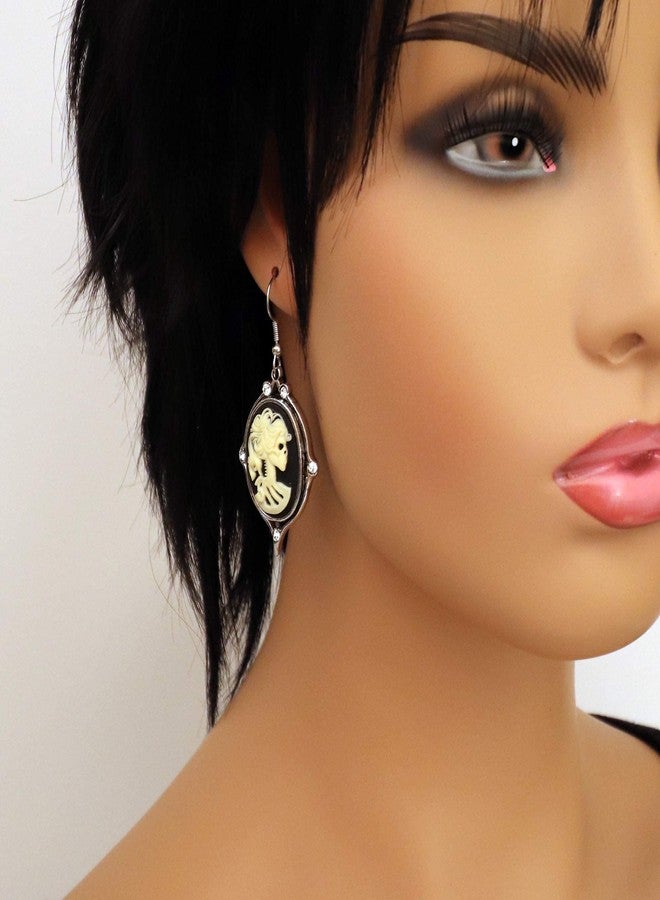 Real Metal Gothic Lolita Skull Cameo Ivory on Black Dangle Earrings with Austrian Crystals - Image 2