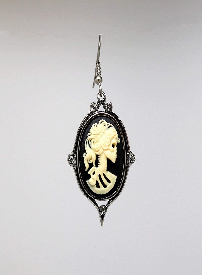 Real Metal Gothic Lolita Skull Cameo Ivory on Black Dangle Earrings with Austrian Crystals - Image 5