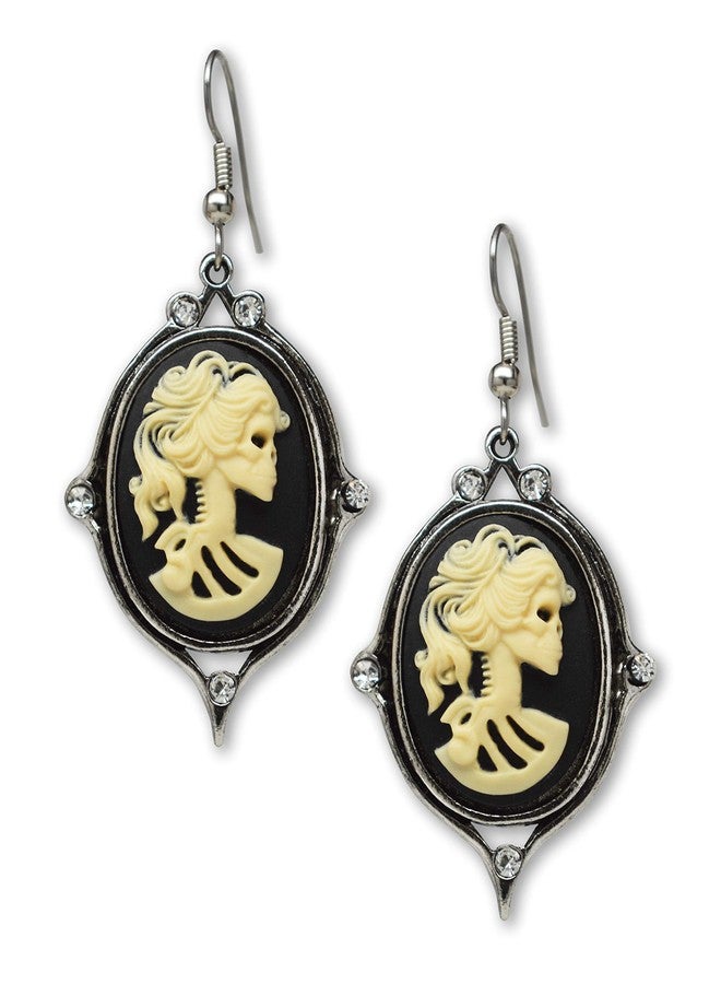 Real Metal Gothic Lolita Skull Cameo Ivory on Black Dangle Earrings with Austrian Crystals - Image 1