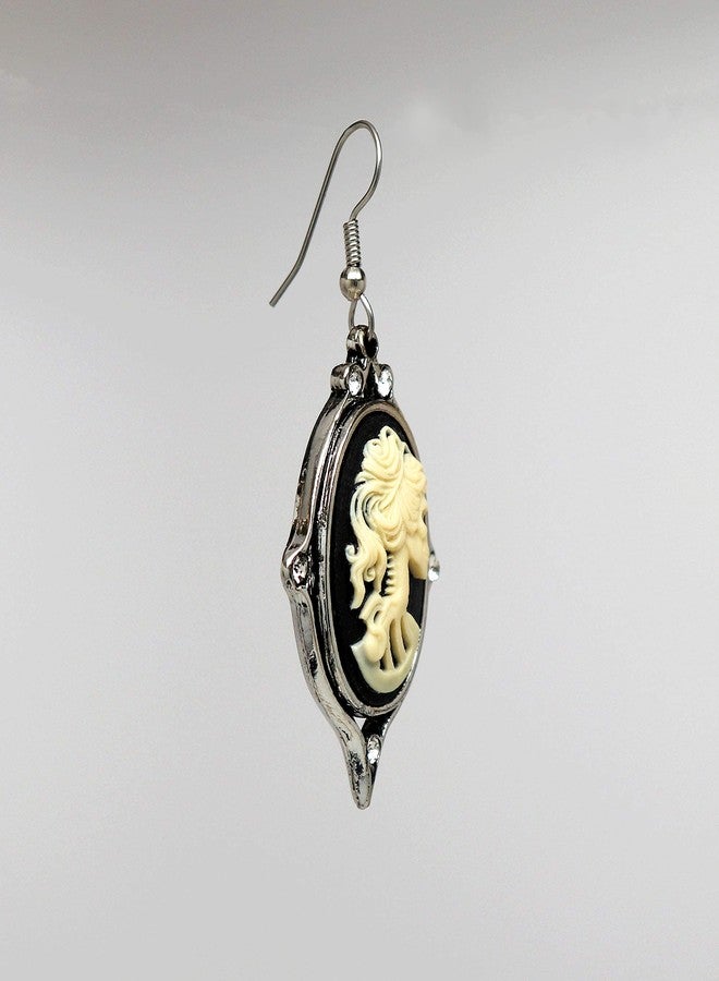 Real Metal Gothic Lolita Skull Cameo Ivory on Black Dangle Earrings with Austrian Crystals - Image 4