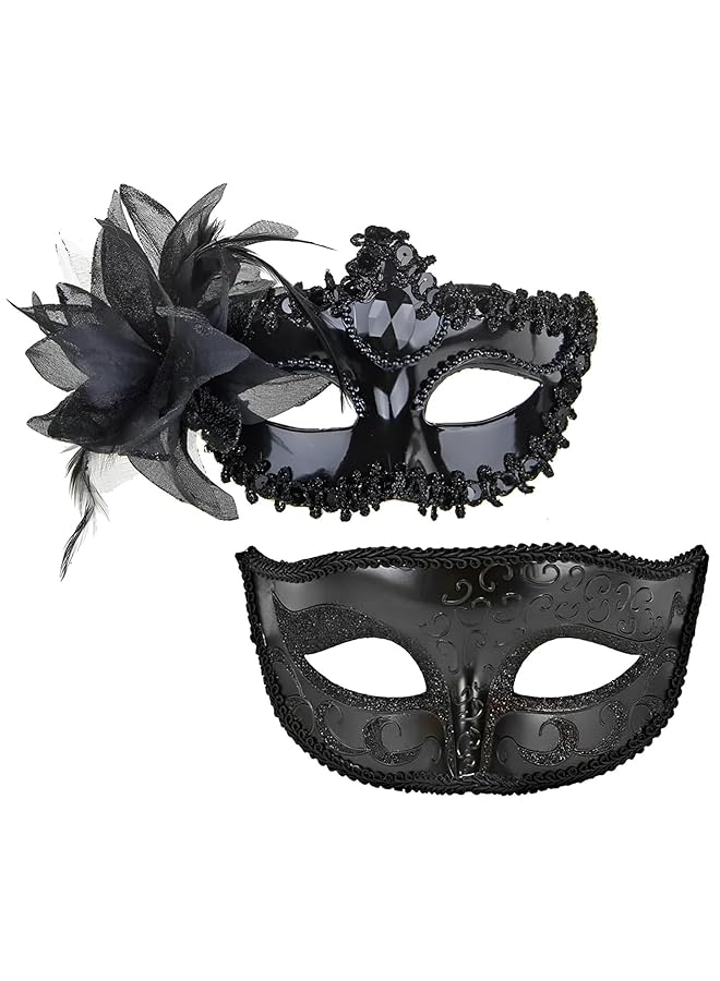إيروريكس مجموعة أقنعة تنكرية للزوجين من البندقية من ماردي غرا، قناع جانبي بزهرة وقناع نصف وجه بنمط مرسوم، إكسسوار زي حفلة، أسود - Image 1
