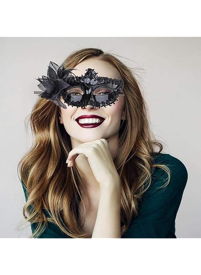 إيروريكس مجموعة أقنعة تنكرية للزوجين من البندقية من ماردي غرا، قناع جانبي بزهرة وقناع نصف وجه بنمط مرسوم، إكسسوار زي حفلة، أسود - Image 3