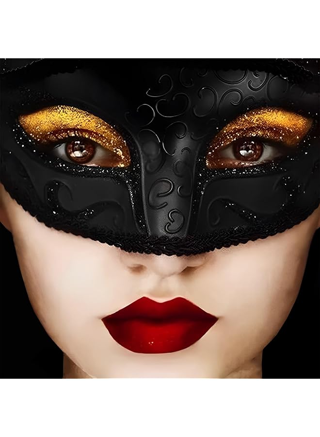 إيروريكس مجموعة أقنعة تنكرية للزوجين من البندقية من ماردي غرا، قناع جانبي بزهرة وقناع نصف وجه بنمط مرسوم، إكسسوار زي حفلة، أسود - Image 4