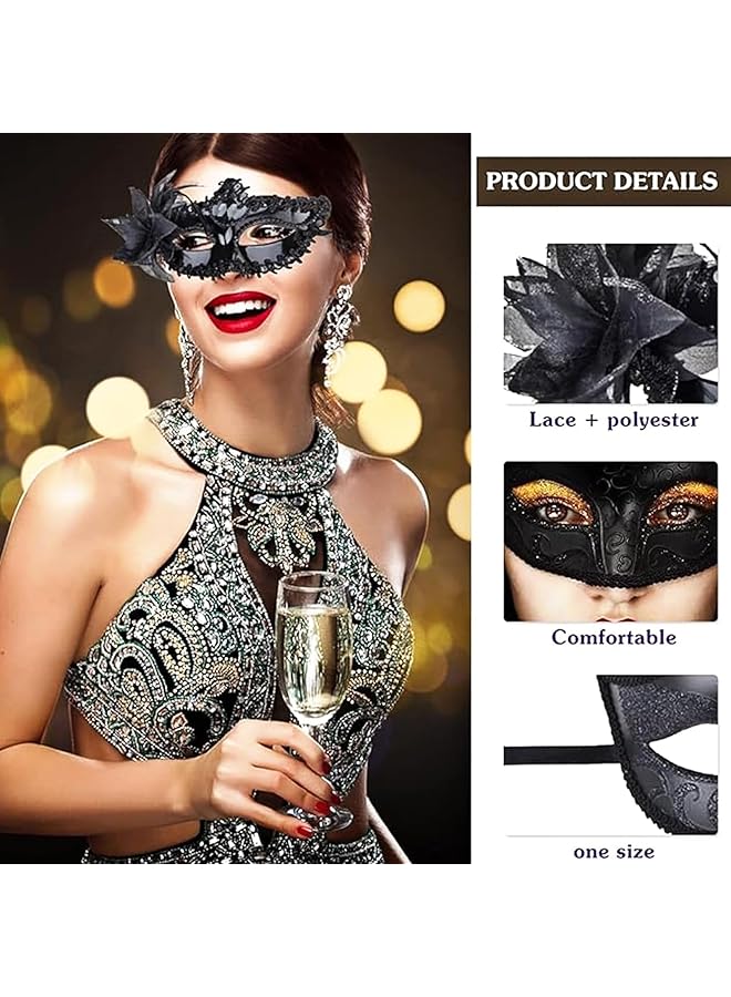 إيروريكس مجموعة أقنعة تنكرية للزوجين من البندقية من ماردي غرا، قناع جانبي بزهرة وقناع نصف وجه بنمط مرسوم، إكسسوار زي حفلة، أسود - Image 2