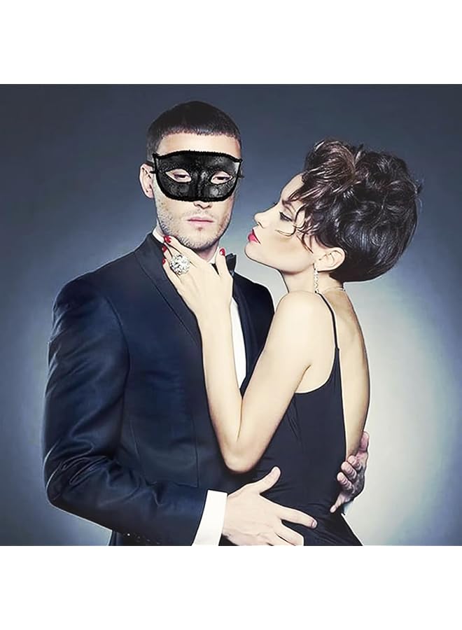 إيروريكس مجموعة أقنعة تنكرية للزوجين من البندقية من ماردي غرا، قناع جانبي بزهرة وقناع نصف وجه بنمط مرسوم، إكسسوار زي حفلة، أسود - Image 5