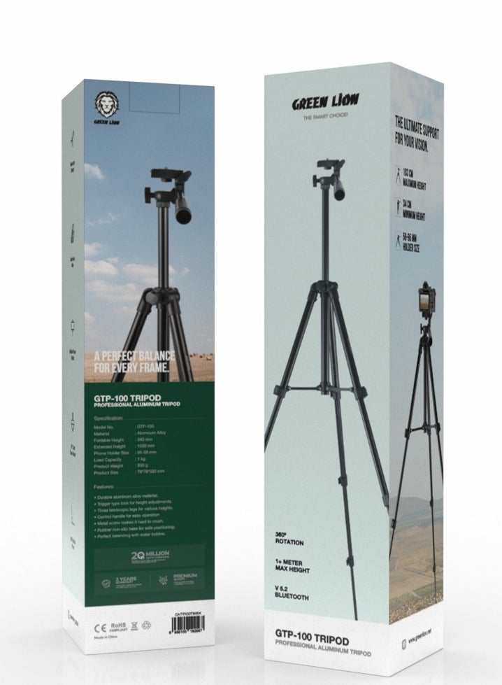 GREEN LION GTP-100 Tripod-Professional Aluminum / Photography/ Videography/ Live streaming / Phone Holder 95-58 mm/ Bluetooth v5.2 / 1 kg Load Capacity / 360° Rotation - Black - Image 3