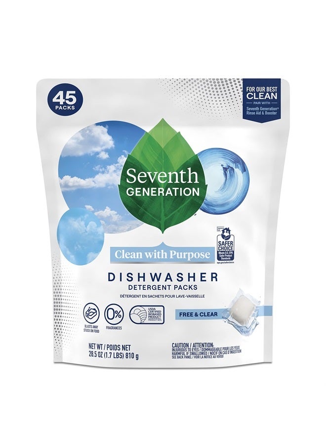 Seventh Generation Dishwasher Detergent Packs for Sparkling Dishes Free & Clear Dishwasher Tabs 45 Count 