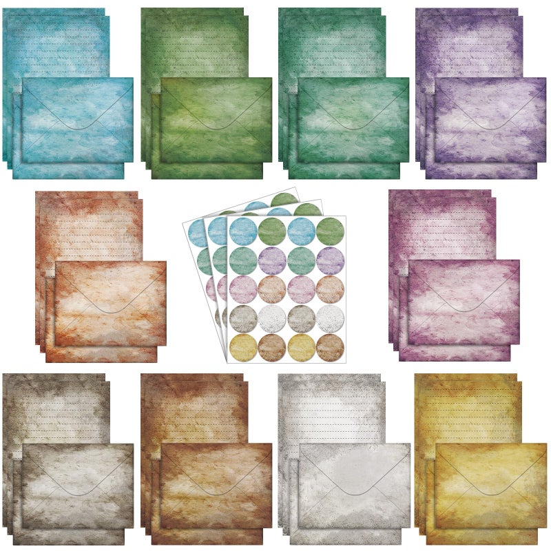 TaoBary 160 Pcs Stationery Paper Set 50 Double Sided Stationery Papers with 50 Matching Envelopes and 60 Round Dot Sticker, 10 Design (Vintage,8.25 x 5.5 Inch) - Image 1